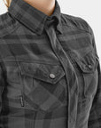 Black and gray checkered jacket with a brand logo on a white background