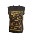 Black t-shirt with a woman wearing a Motorcycle helmet with the text "Wildust sister"