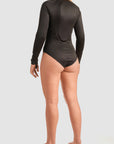 a back of a woman wearing black body suit base layer for women from Pando