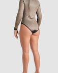 a back of a a woman wearing Black and grey moto bodysuit with Pando logo