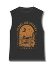 off-black tank top with brown motorcycle motive and oldies but goldies text