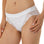 Woman wearing white high-hip briefs with lace inserts details from Tramonte.