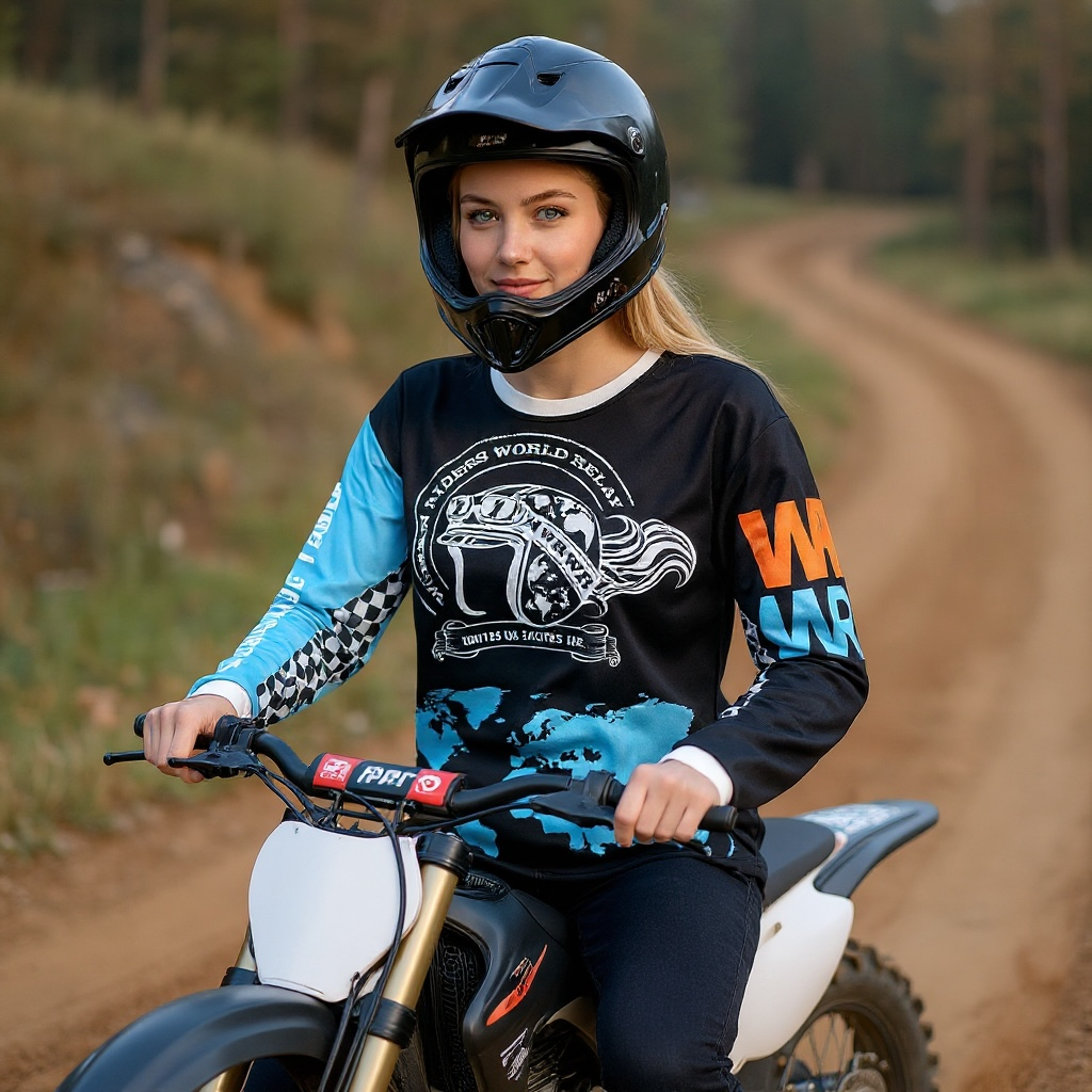 a woman on a dirt bike wearing a black and blue jersey with visible branding in a forest setting