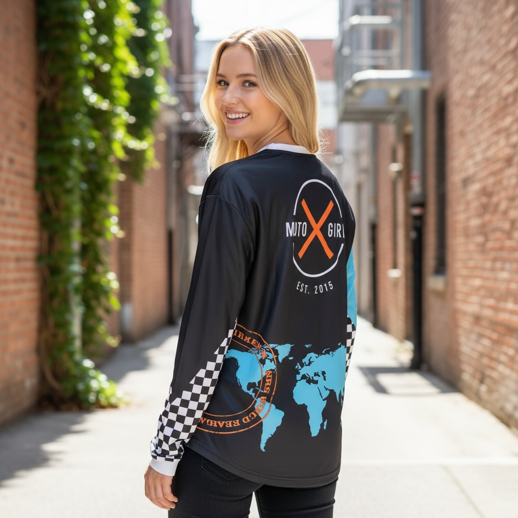 Woman wearing a black long-sleeve shirt with a world map design, standing in an alleyway.