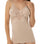 Dark-haired woman wearing a nude-colored sleeveless narrow shoulder tank top with lace details around the breast area from Tramonte.