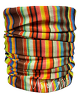 Multicolored striped neck gaiter with brand name on a white background