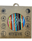 Moto Girl product packaging with colorful striped design and brand logo on a white background