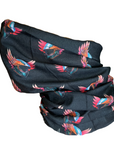 Black neck gaiter with colorful bird pattern on a white background
