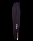 Black rain pants with a logo on a white background