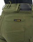 a close up of the back wait and belt line of khaki green lady motorcycle jeans