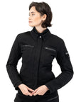 a young woman wearing Black shirt looking lady motorcycle jacket with front pockets and zippers