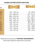 Size chart of Valerie leather women's motorcycle jacket from Moto girl