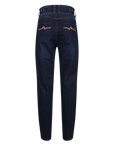 The back of blue women's motorcycle jeans with heartbeat detail on the pockets from Moto Girl