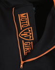 MotoGirl logo on a black and orange motorcycle hoodie with a long zip