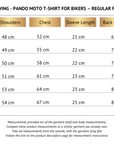 Size chart for Pando Moto female motorcycle t-shirt