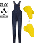 Blue women's motorcycle overall from Moto Girl with yellow protectors