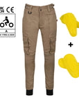 A close up of the pockets on beige women's motorcycle cargo pants with yellow impact protectors from mOTO gIRL