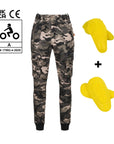 women camouflage motorcycle cargo pants from Moto Girl with yellow impact protectors