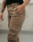 Woman's leg wearing beige motorcycle cargo pants from Moto Girl