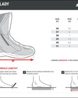 Size chart of women's motorcycle boots Thomason from Shima