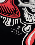 Black women's motorcycle t-shirt with red scull motive close up