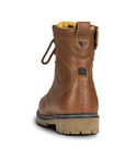 The heel of a Thomson brown leather women motorcycle boot from Shima