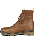 The side of a Thomson brown leather women motorcycle boot from Shima