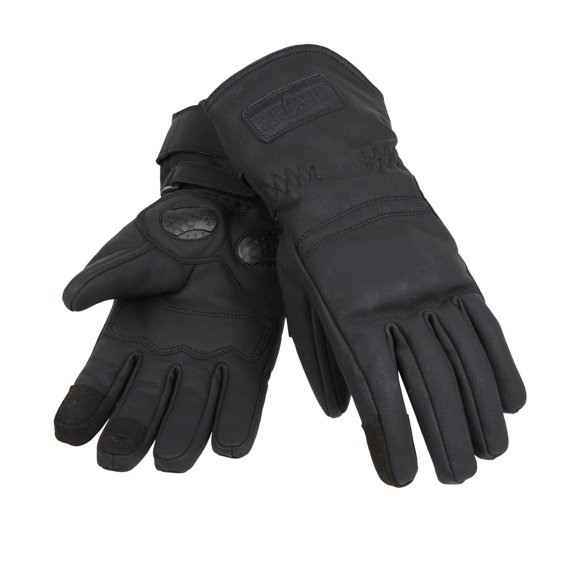 set of Nandi black MotoGirl winter motorcycle gloves with paw touch detail on the index finger and middle finger with two adjustable velcro fastenings for an optimal fit.