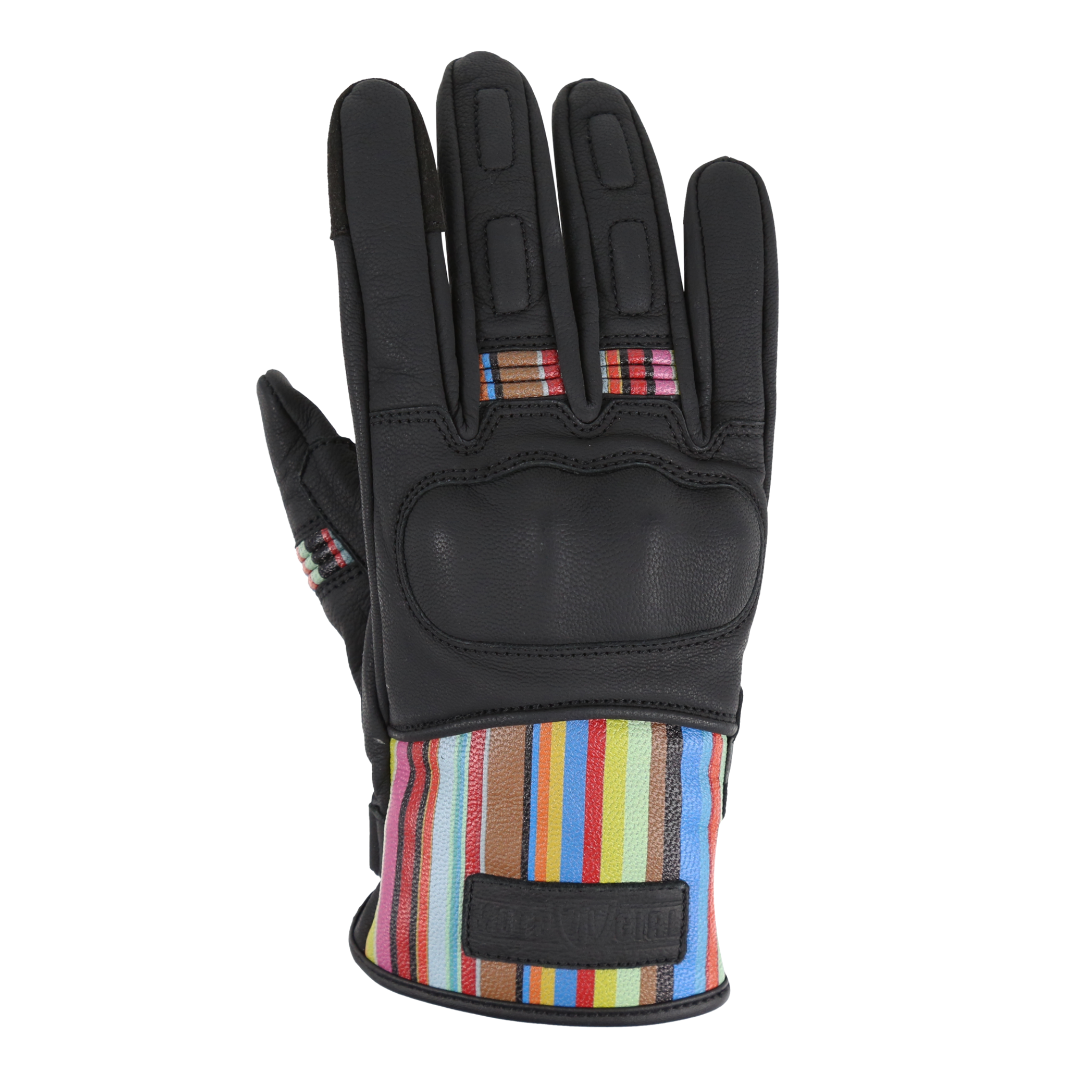 Black women's motorcycle glove with colourful stripe details 