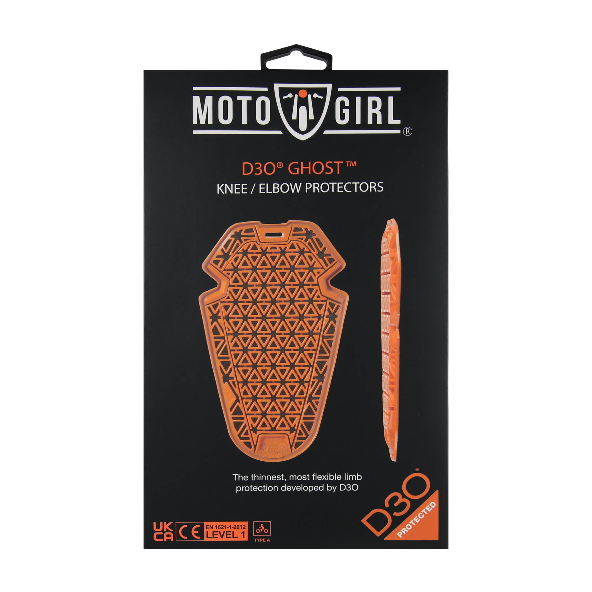 orange D30 knee and elbow protectors from MotoGirl