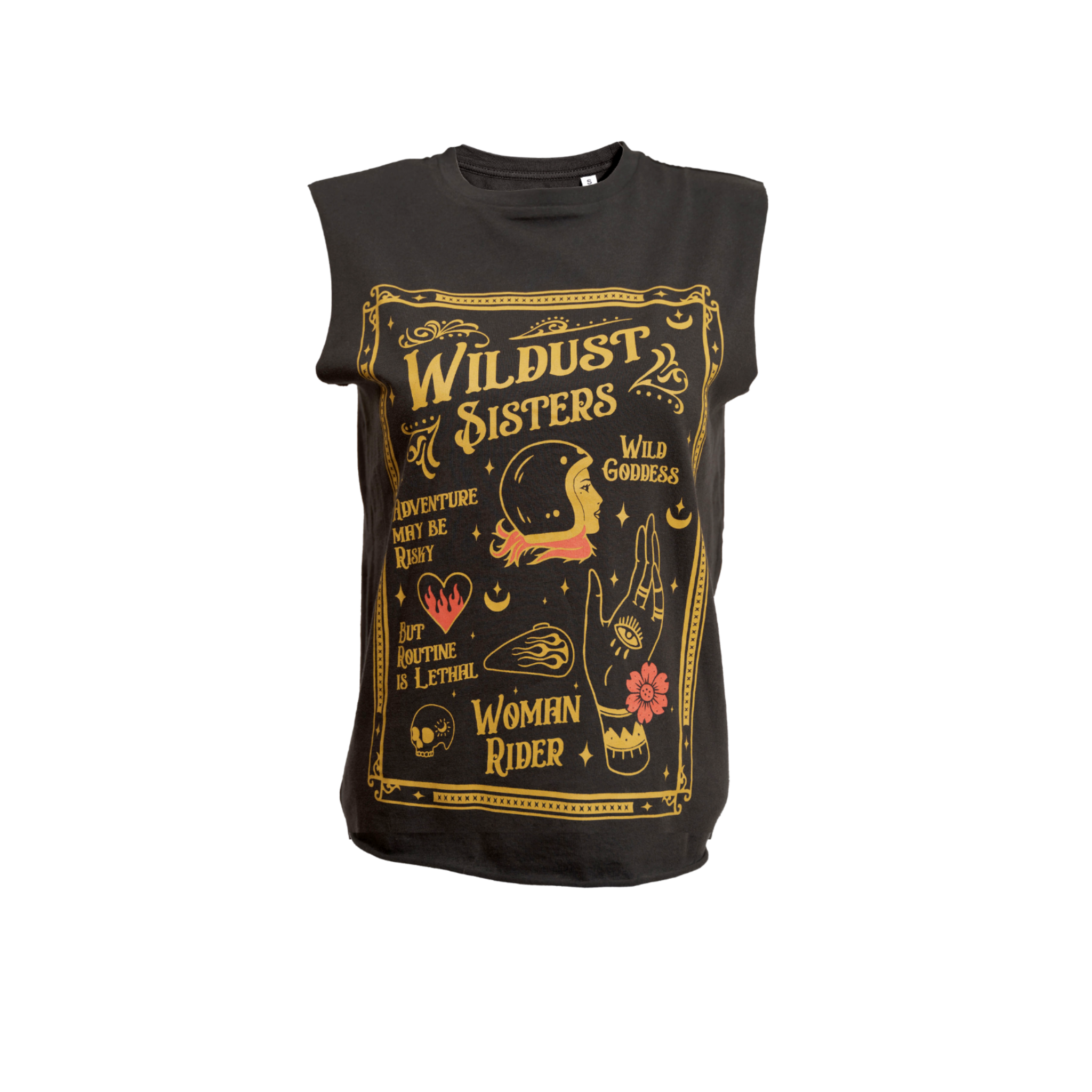 Black t-shirt with a woman wearing a Motorcycle helmet with the text "Wildust sister" 