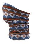 ASTEC bandana worn as a face mask, featuring a print in shades of red, brown, and blue.