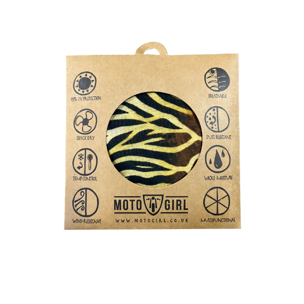 A square kraft paper packaging sleeve for a Moto Girl branded product, featuring a circular cutout that reveals a black and yellow zebra-patterned item inside. The packaging displays various product feature icons around the Moto Girl logo.