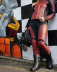 Woman wearing Red Fiona Motorcycle Trousers from Moto Girl