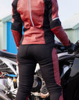 Woman wearing Red Fiona Motorcycle Jacket from Moto Girl