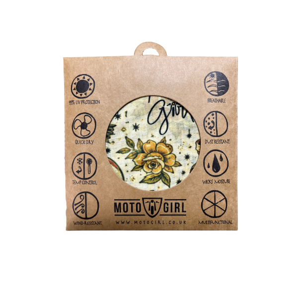 A square kraft paper packaging card with a circular cutout showing a floral fabric patch. The patch has a yellow rose on a cream background with the word 'Glow' in script.