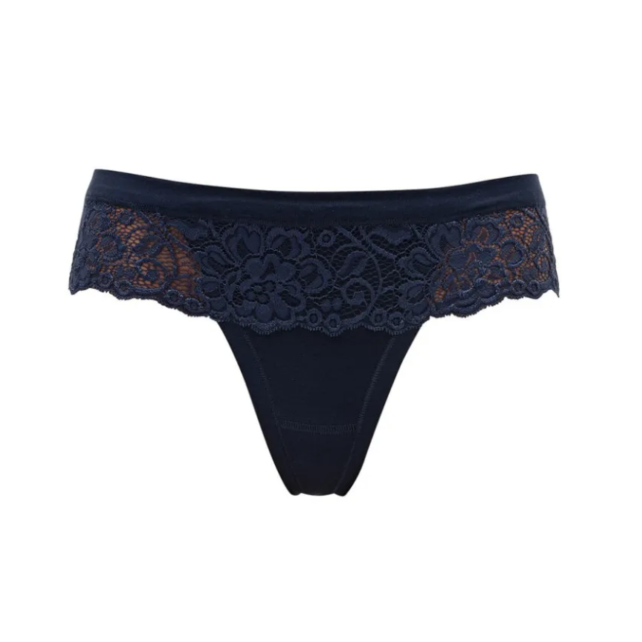 Close-up of dark blue thongs with lace waistband details from Tramonte.