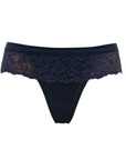 Close-up of dark blue thongs with lace waistband details from Tramonte.