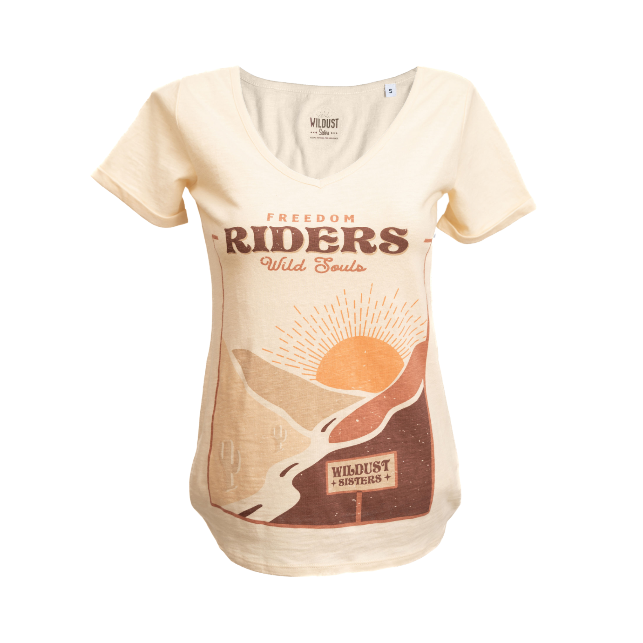 Women's T-shirt with a sunset/sunrise print and the text "Freedom Riders Wild Souls" and "Wildust sisters"