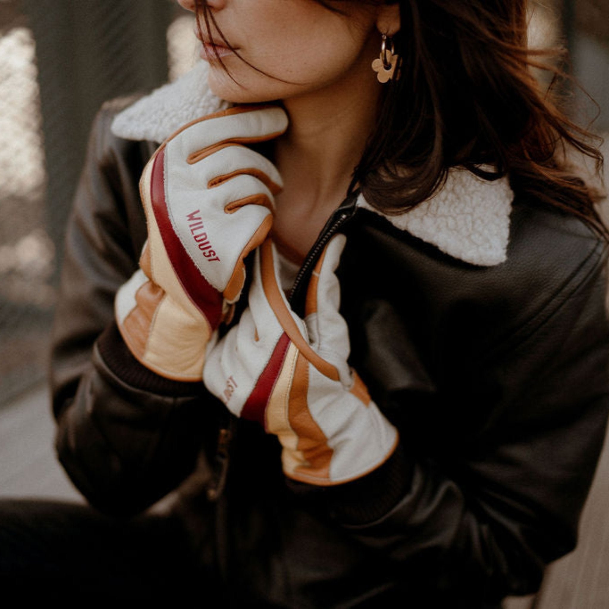 a woman wearing colourful leather motorcycle lady gloves from Wildust