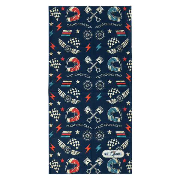 A rectangular navy blue towel featuring a repeating pattern of racing helmets, checkered flags, lightning bolts, stars, and crossed pistons. The bottom right corner has a white 'Moto Girl' brand label.