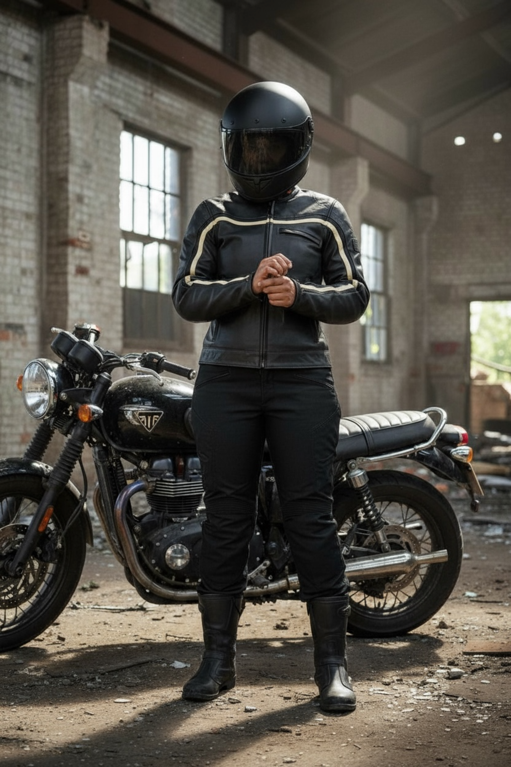 Person wearing a black motorcycle helmet and jacket standing next to a motorcycle in an industrial setting.
