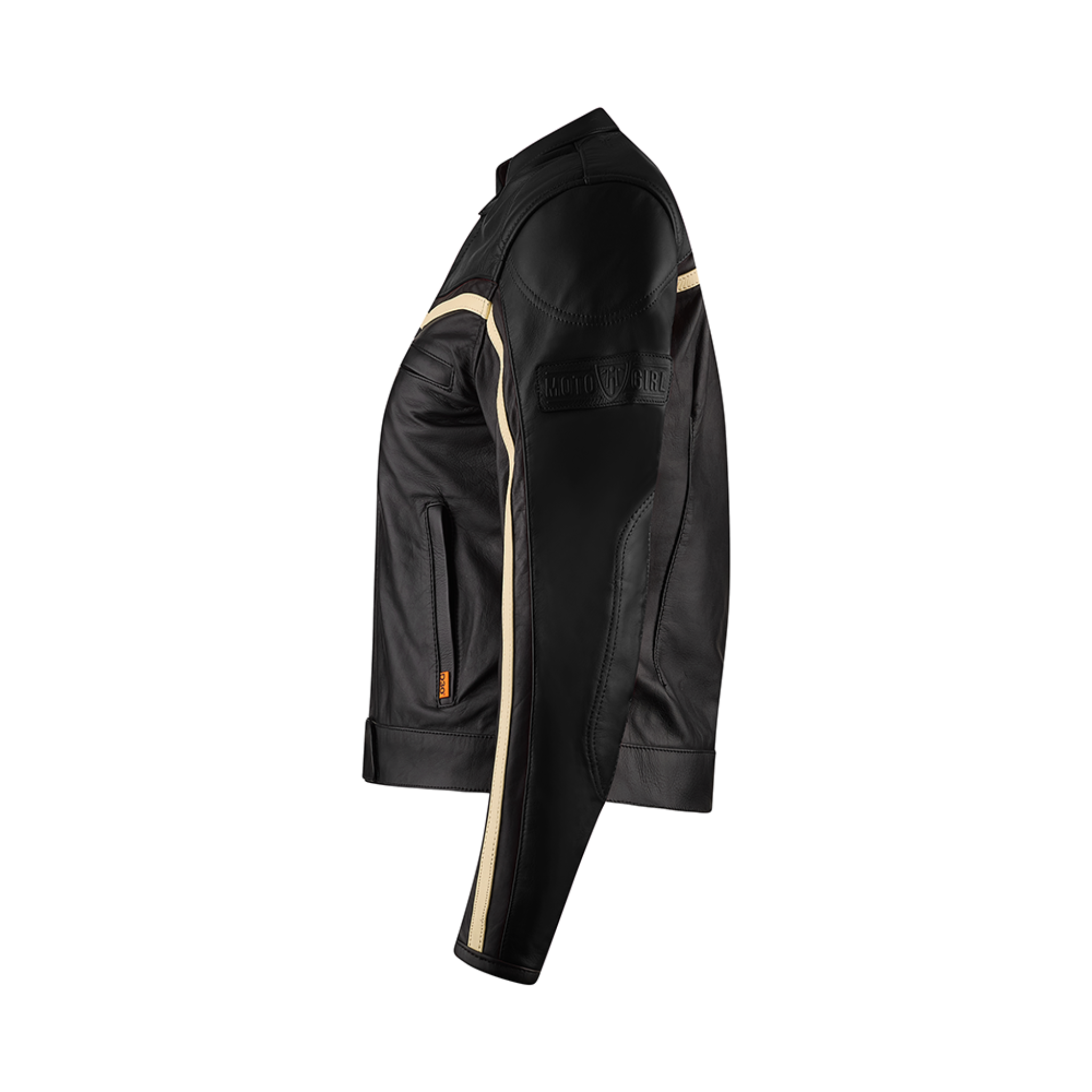 Black motorcycle jacket with beige accents on a white background