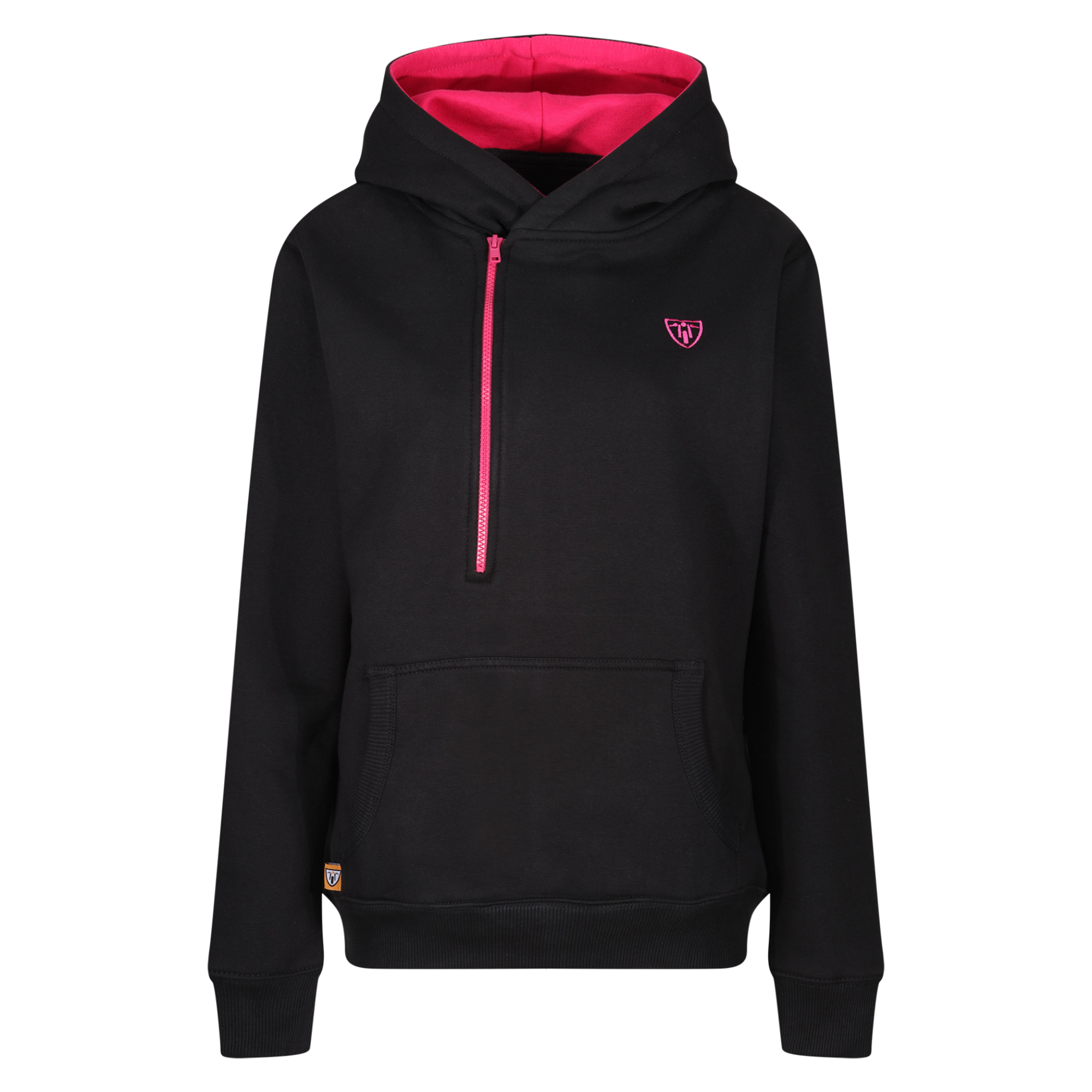 black Moto Girl helmet hoodie with pink details and front zipper 