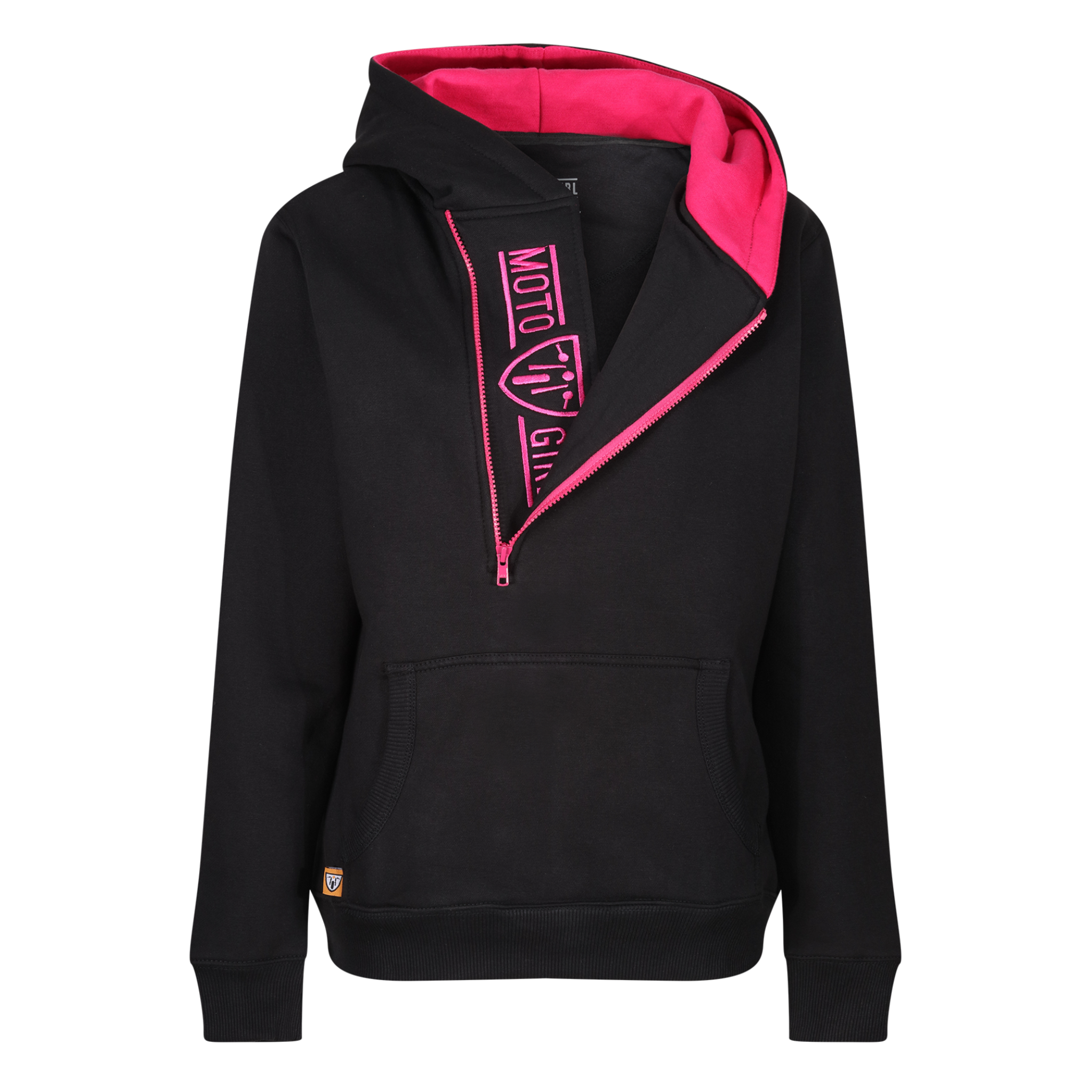 black Moto Girl helmet hoodie with pink details and front zipper 