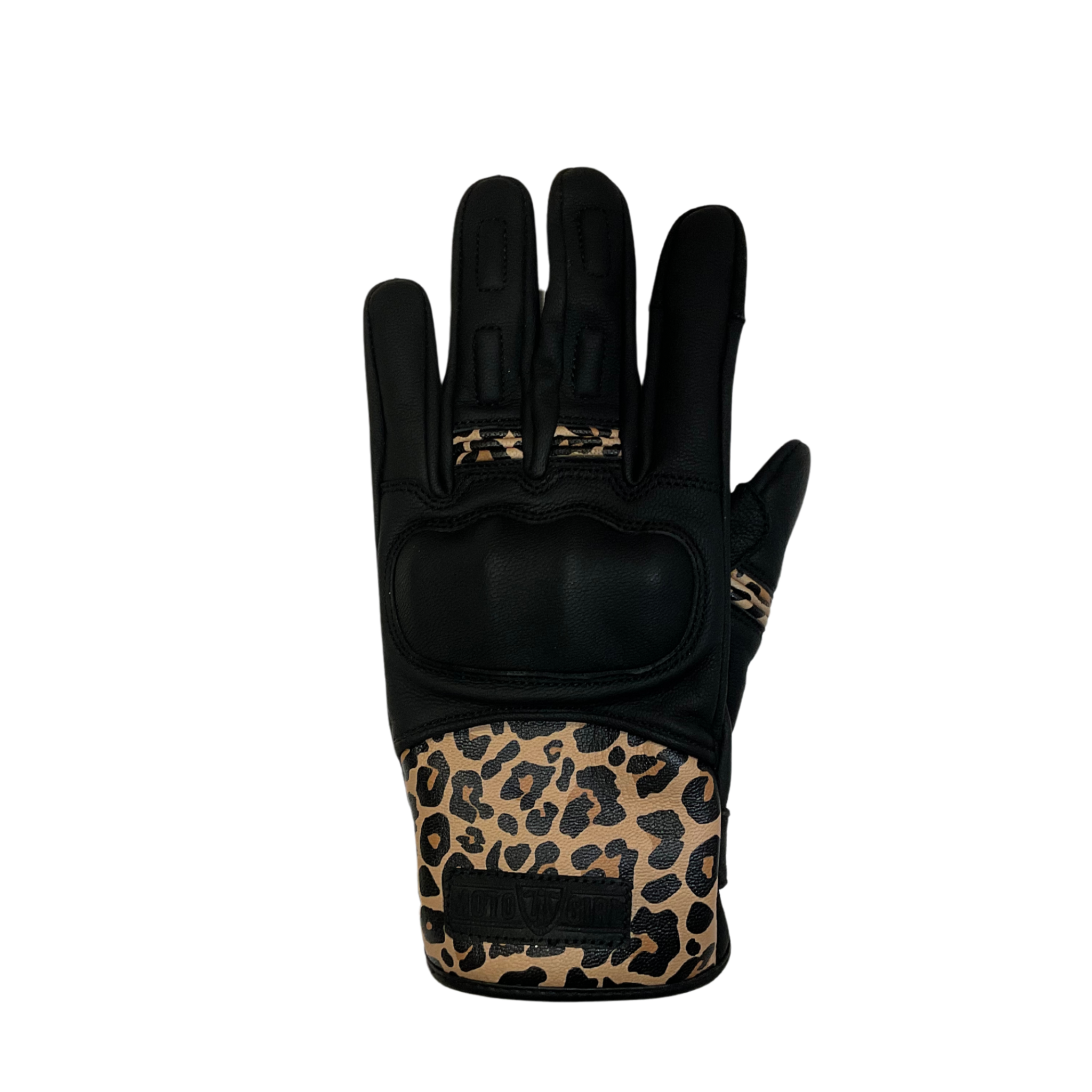 Black women's motorcycle glove with colourful leopard skin details