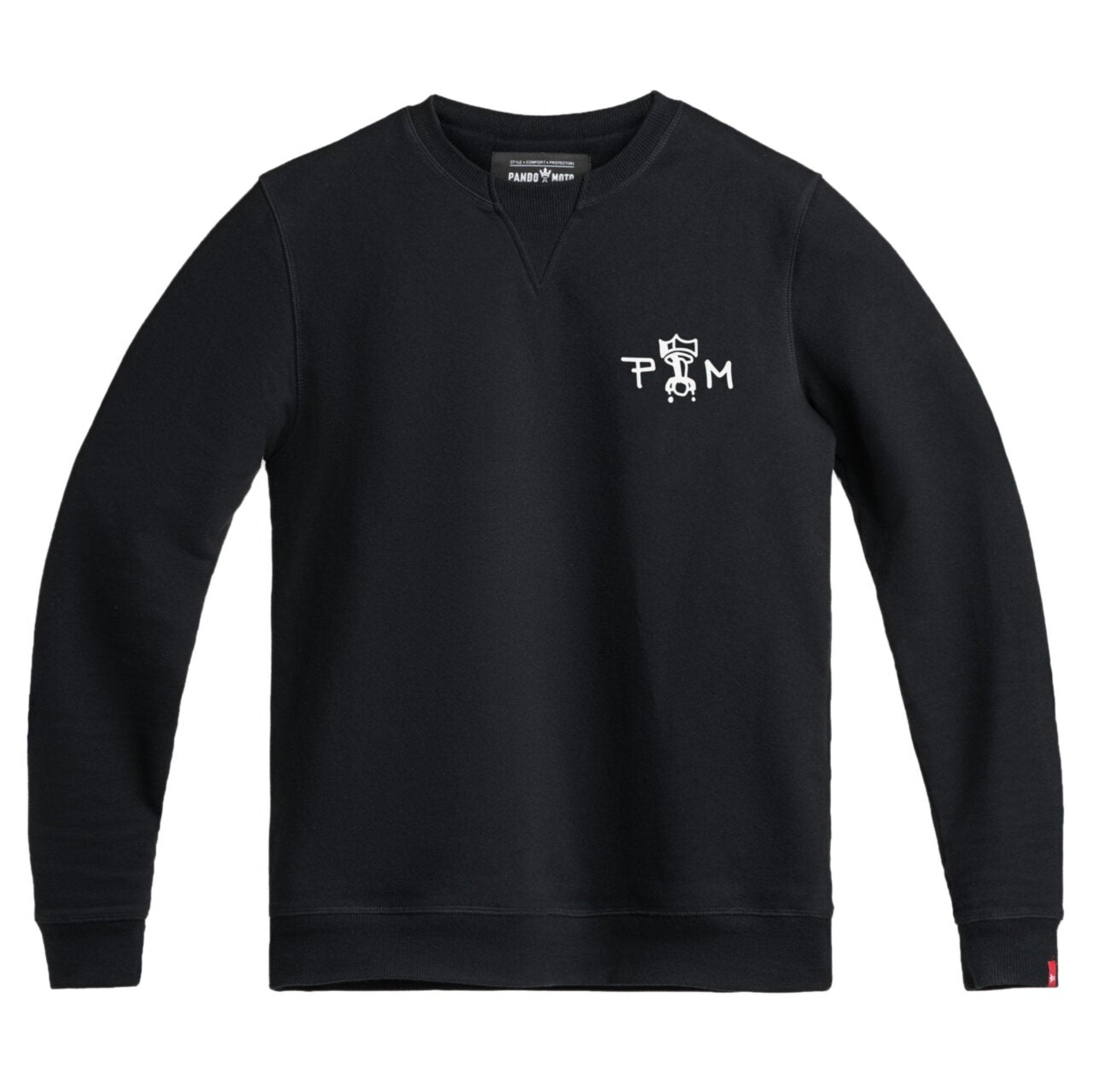 black sweatshirt from Pando Moto with PM logo 