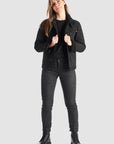 a blond woman woman's legs wearing slim-fit motorcycle jeans from Pando Moto 