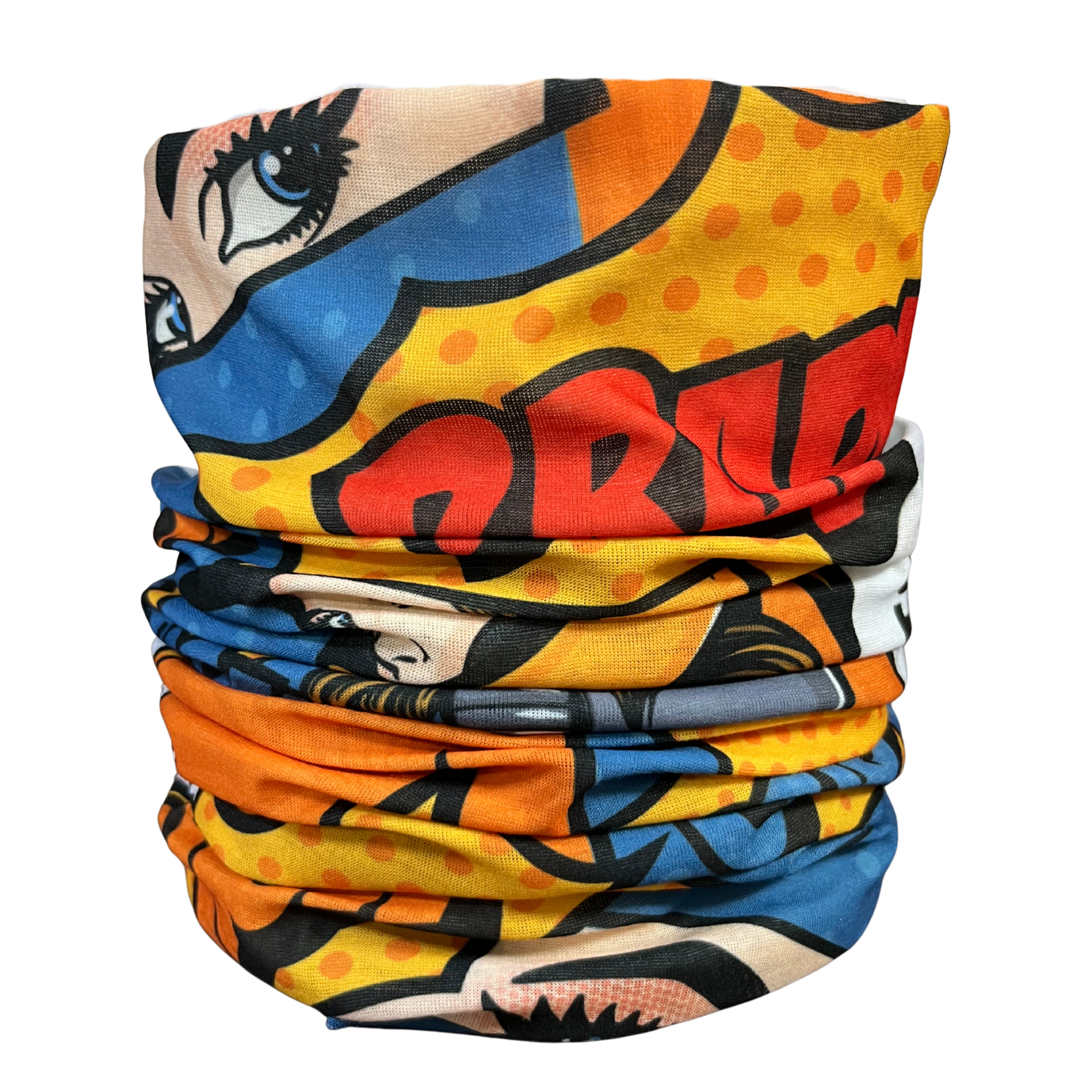 Colorful neck gaiter with comic book-style design on a white background