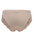 Close-up of the back of nude-colored high-hip briefs with lace details on the sides from Tramonte.